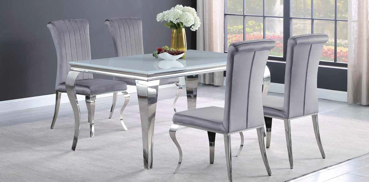 Coaster 115091 5 pc Rosdorf park carone chrome metal base dining table set with white glass top velvet chairs