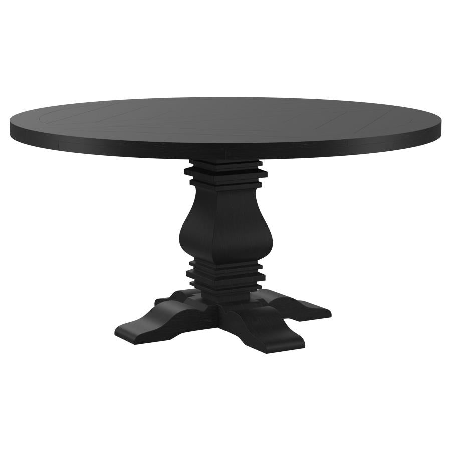 Coaster 115530 Florence vintage 18th century style distressed black finish wood trestle base 60" round dining table