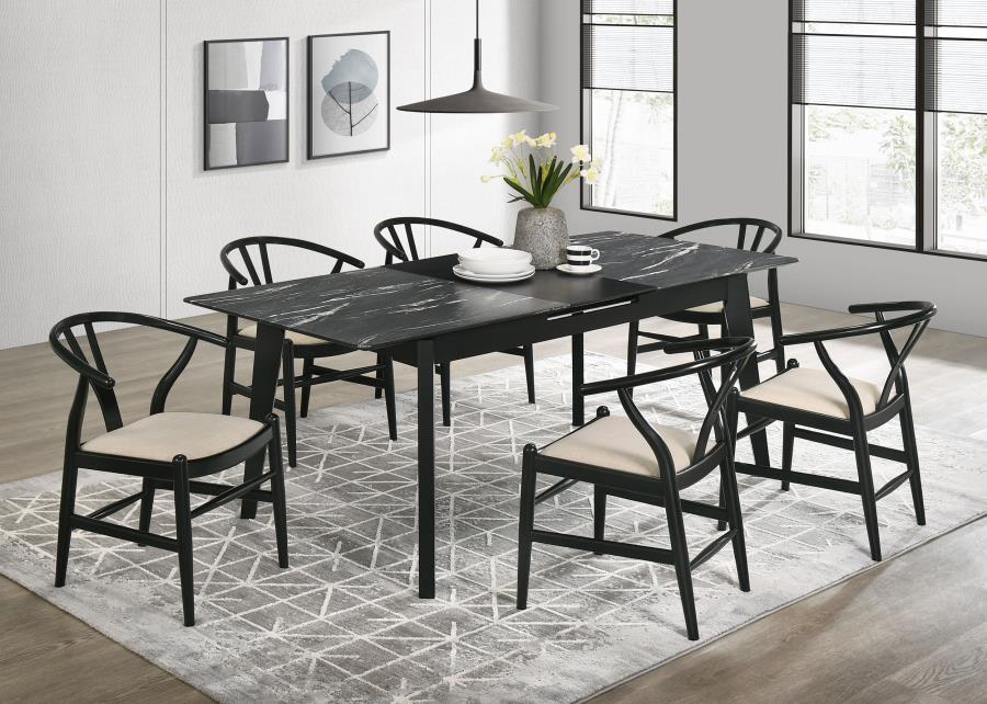 Coaster 121251-S7 7 pc Crestmont black finish wood faux marble top dining table set beige fabric chairs