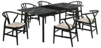 Coaster 121251-S7 7 pc Crestmont black finish wood faux marble top dining table set beige fabric chairs