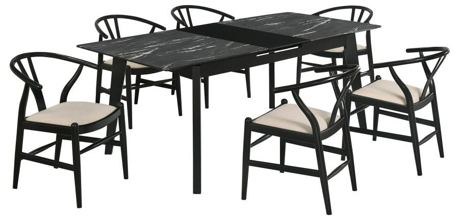 Coaster 121251-S7 7 pc Crestmont black finish wood faux marble top dining table set beige fabric chairs