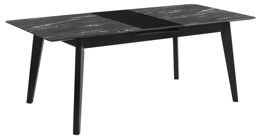 Coaster 121251-S7 7 pc Crestmont black finish wood faux marble top dining table set beige fabric chairs