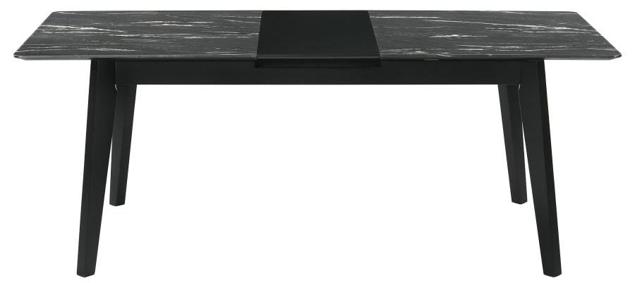 Coaster 121251-S7 7 pc Crestmont black finish wood faux marble top dining table set beige fabric chairs