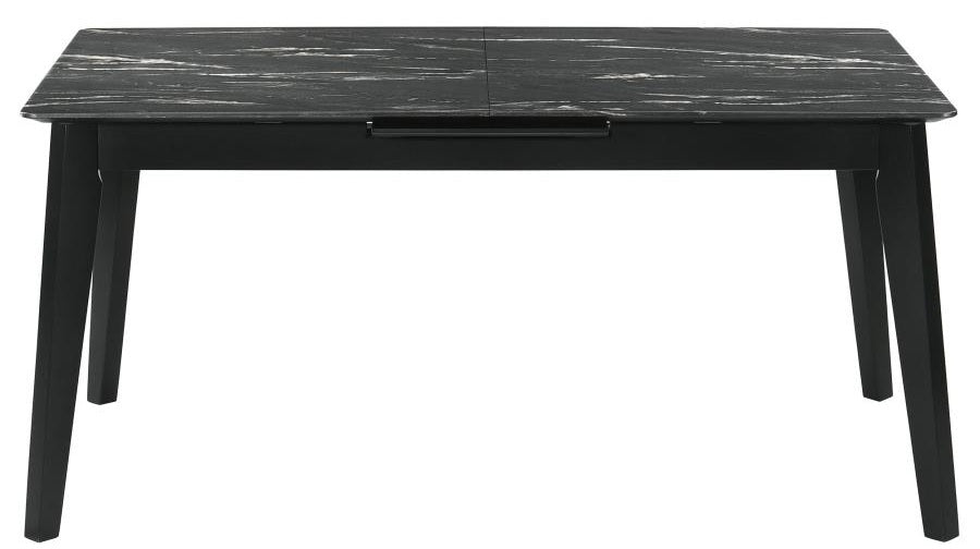 Coaster 121251-S7 7 pc Crestmont black finish wood faux marble top dining table set beige fabric chairs