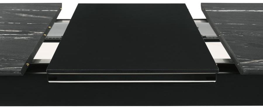 Coaster 121251-S7 7 pc Crestmont black finish wood faux marble top dining table set beige fabric chairs