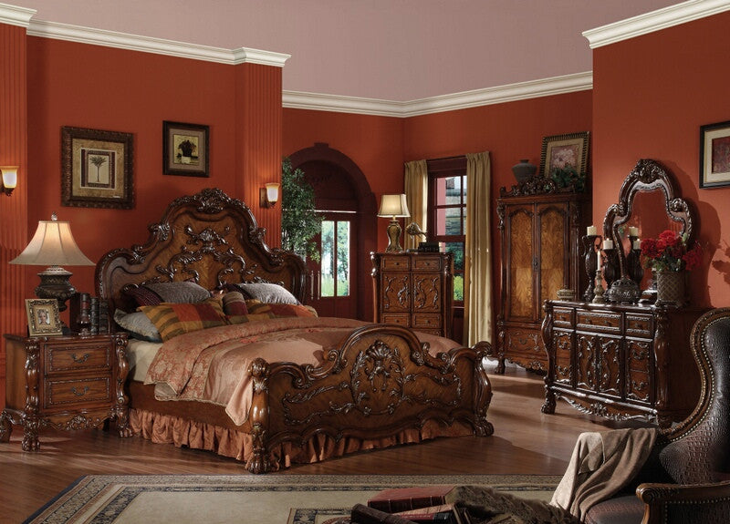 Acme 12140Q 4 pc dresden cherry oak finish wood queen bedroom set decorative carvings