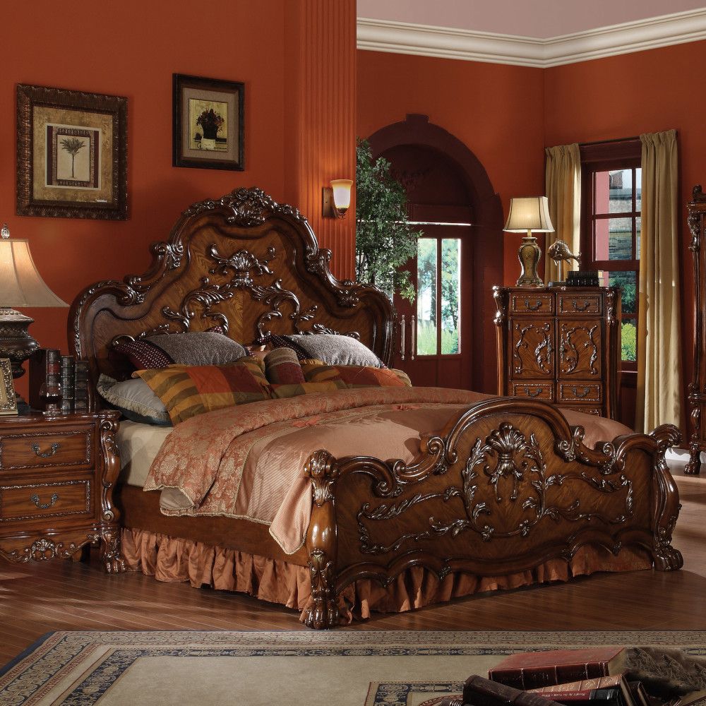 Acme 12140Q 4 pc dresden cherry oak finish wood queen bedroom set decorative carvings