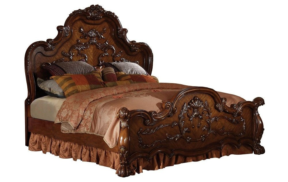 Acme 12140Q 4 pc dresden cherry oak finish wood queen bedroom set decorative carvings