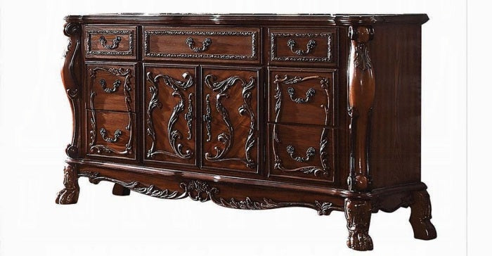 Acme 28230Q-4PC 4 pc Rosdorf park escarcega Dresden antique cherry oak finish wood queen bed set decorative carvings padded headboard and footboard