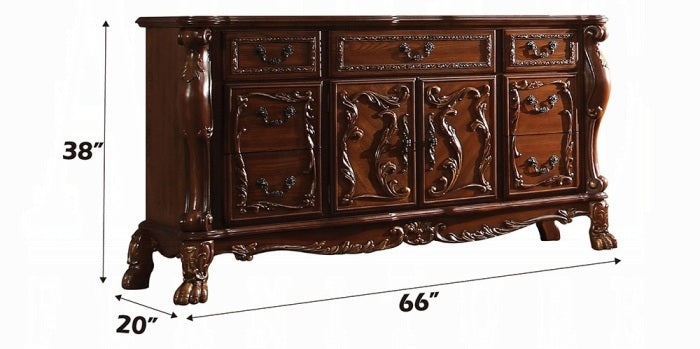 Acme 28230Q-4PC 4 pc Rosdorf park escarcega Dresden antique cherry oak finish wood queen bed set decorative carvings padded headboard and footboard