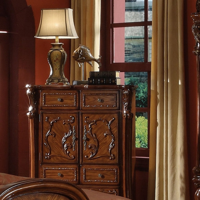 Acme 12146 Dresden cherry oak finish wood ornate tall chest with cabinet doors and drawers