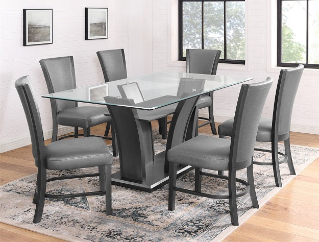 1216T-7PC 7 pc Camelia grey finish wood and glass top dining table set