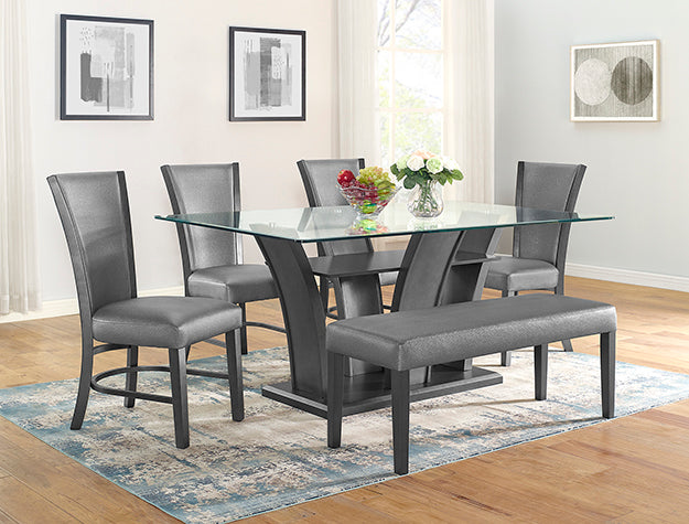 1216T-6PC 6 pc Camelia grey finish wood and glass top dining table set with bench