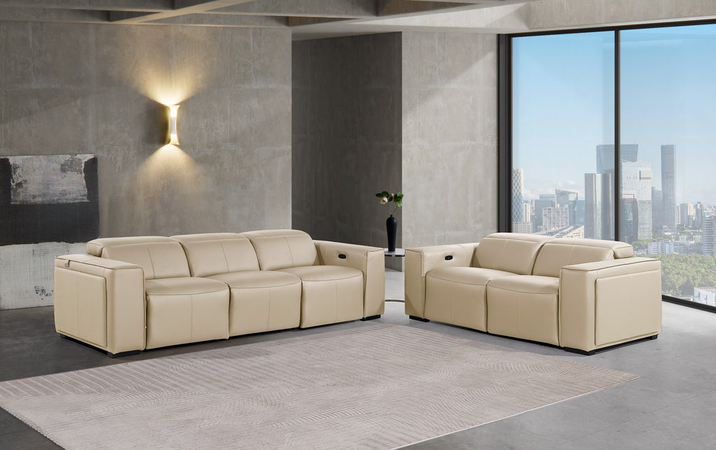 DivanItalia Beige Italian Leather Power Reclining Sofa and Love Seat with Adjustable Headrests – 1224BG-2PC