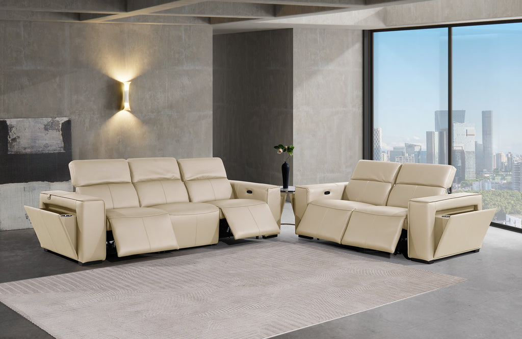 DivanItalia Beige Italian Leather Power Reclining Sofa and Love Seat with Adjustable Headrests – 1224BG-2PC