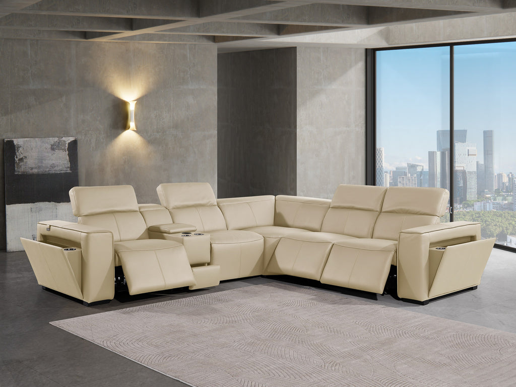 Global United 1224BG-6PC 6 pc DivanItalia beige italian leather power reclining sectional sofa power adjustable headrests