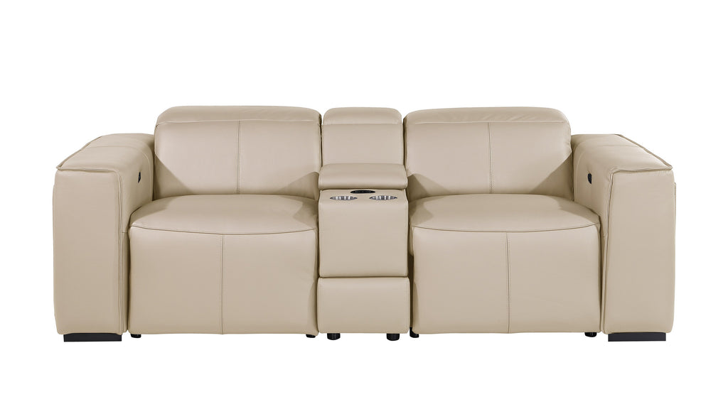 DivanItalia Beige Italian Leather Power Reclining Sofa and Love Seat with Adjustable Headrests – 1224BG-2PC