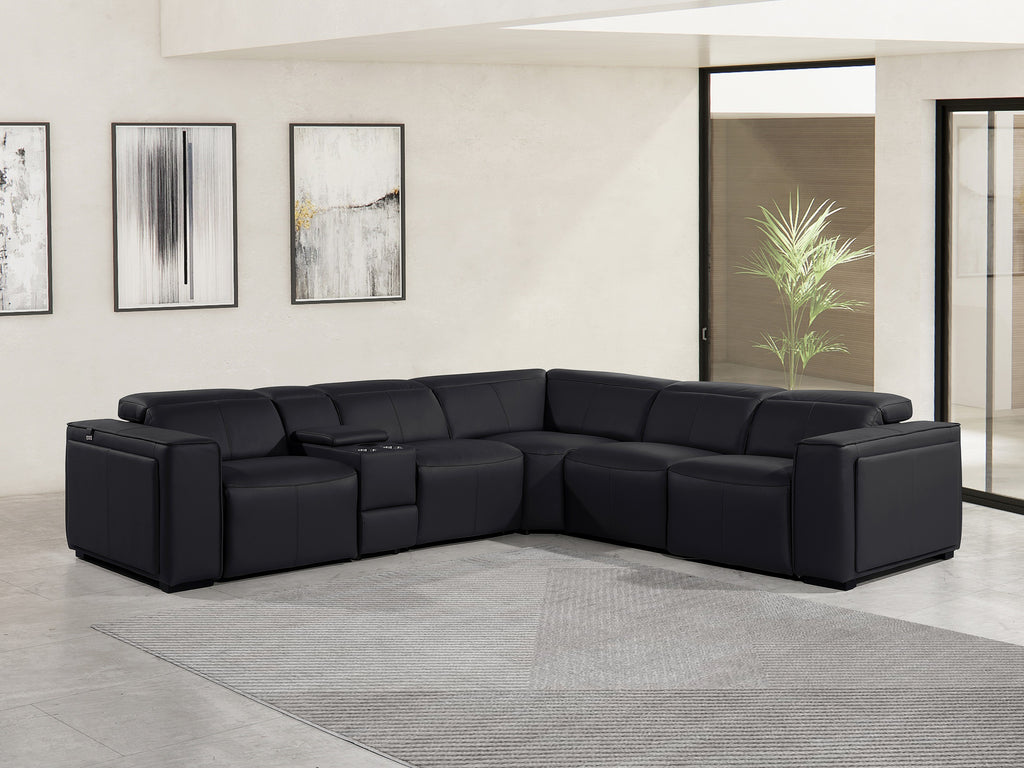 Global United DivanItalia Black Italian Leather 6-Piece Power Reclining Sectional Sofa with Power Adjustable Headrests – 1224BK-6PC