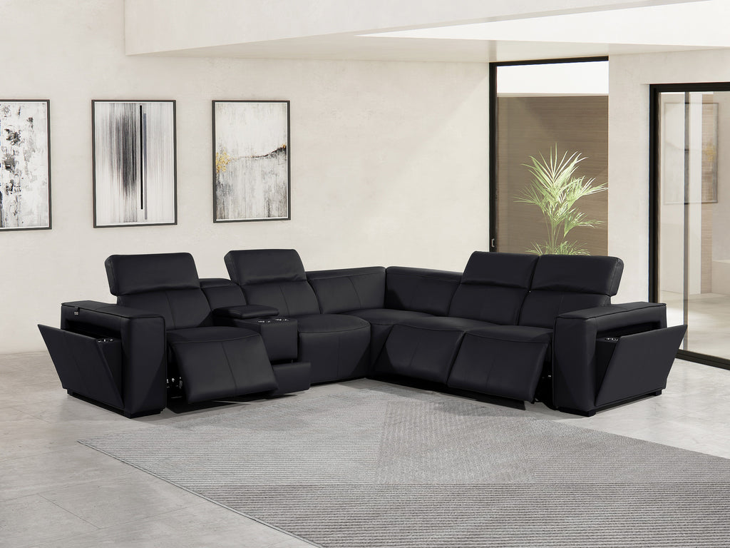 Global United DivanItalia Black Italian Leather 6-Piece Power Reclining Sectional Sofa with Power Adjustable Headrests – 1224BK-6PC