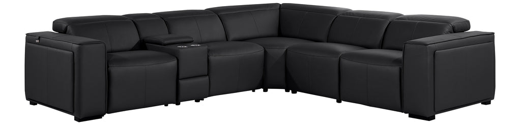 Global United DivanItalia Black Italian Leather 6-Piece Power Reclining Sectional Sofa with Power Adjustable Headrests – 1224BK-6PC