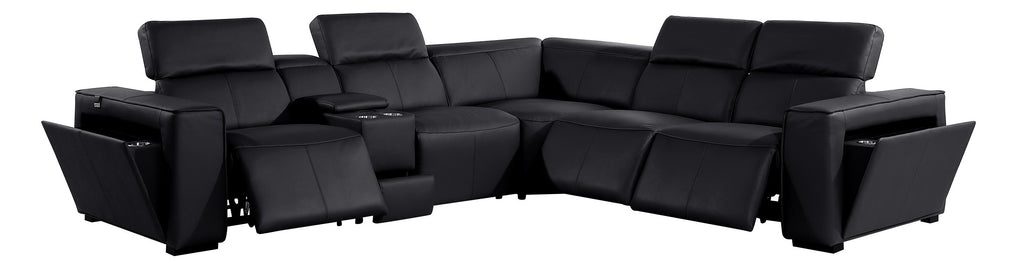 Global United DivanItalia Black Italian Leather 6-Piece Power Reclining Sectional Sofa with Power Adjustable Headrests – 1224BK-6PC