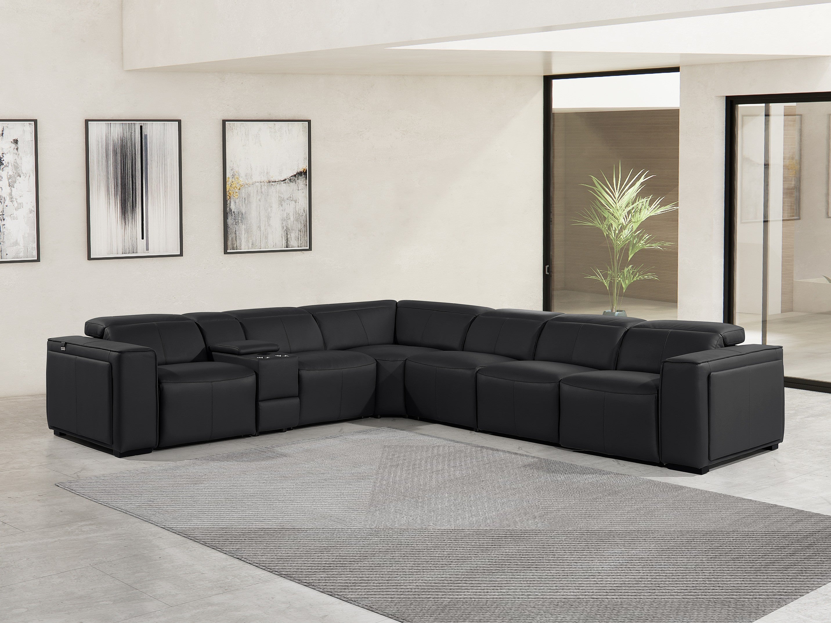Global United 1224BK-7PC 7 pc DivanItalia black italian leather power reclining sectional sofa power adjustable headrests