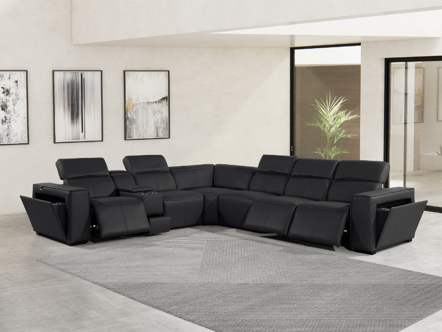 Global United 1224BK-7PC 7 pc DivanItalia black italian leather power reclining sectional sofa power adjustable headrests