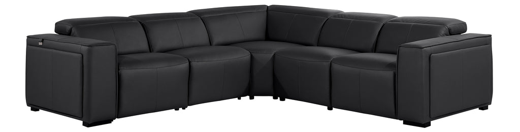 Global United DivanItalia Black Italian Leather 5-Piece Power Reclining Sectional Sofa with Power Adjustable Headrests – 1224BK-5PC