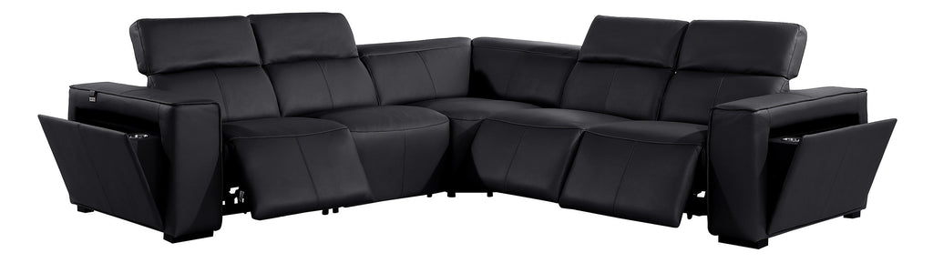 Global United DivanItalia Black Italian Leather 5-Piece Power Reclining Sectional Sofa with Power Adjustable Headrests – 1224BK-5PC