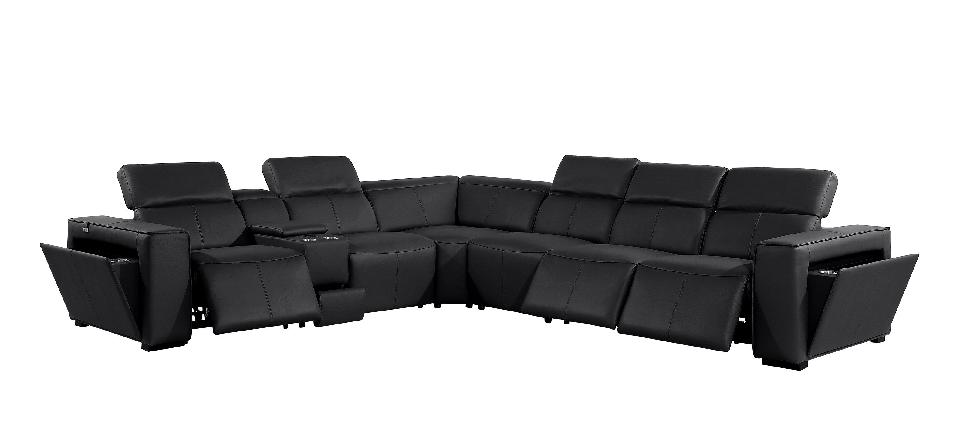 Global United 1224BK-7PC 7 pc DivanItalia black italian leather power reclining sectional sofa power adjustable headrests