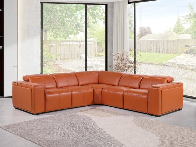 Global United DivanItalia Camel Italian Leather 5-Piece Power Reclining Sectional Sofa with Power Adjustable Headrests – 1224CM-5PC