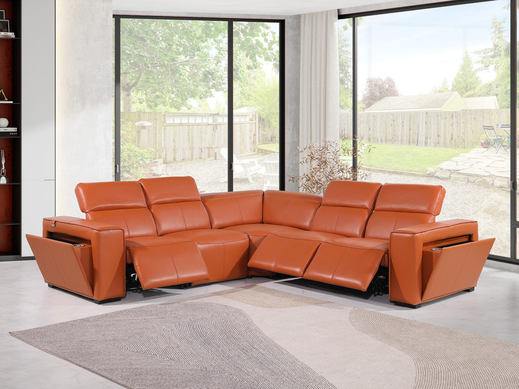 Global United DivanItalia Camel Italian Leather 5-Piece Power Reclining Sectional Sofa with Power Adjustable Headrests – 1224CM-5PC