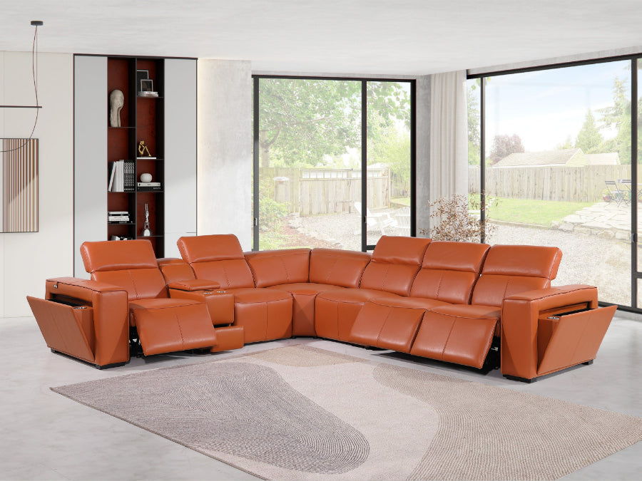 Global United 1224CM-7PC 7 pc DivanItalia camel italian leather power reclining sectional sofa power adjustable headrests