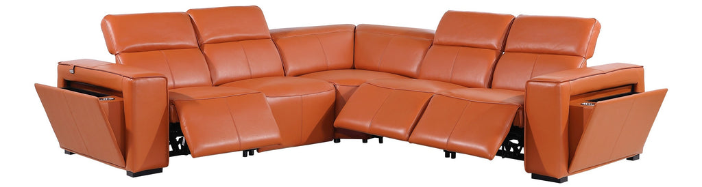 Global United DivanItalia Camel Italian Leather 5-Piece Power Reclining Sectional Sofa with Power Adjustable Headrests – 1224CM-5PC