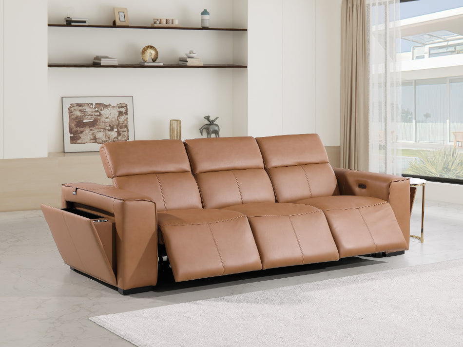Global United 1224CG-Sofa  DivanItalia cognac italian leather power reclining sofa power adjustable headrests 3 power recliners