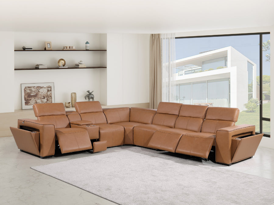 Global United 1224CG-7PC 7 pc DivanItalia cognac italian leather power reclining sectional sofa power adjustable headrests