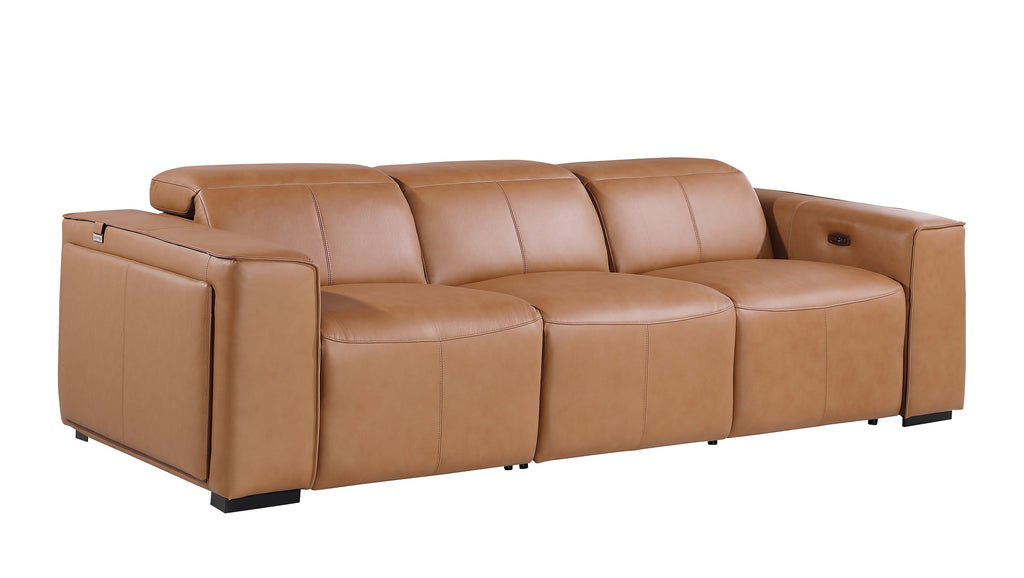 Global United 1224CG-Sofa  DivanItalia cognac italian leather power reclining sofa power adjustable headrests 3 power recliners