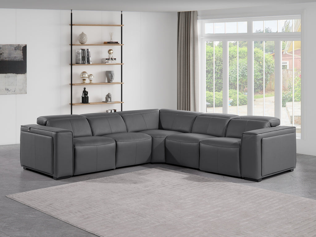 Global United 1224DG-5PC 5 pc DivanItalia dark grey italian leather power reclining sectional sofa power adjustable headrests