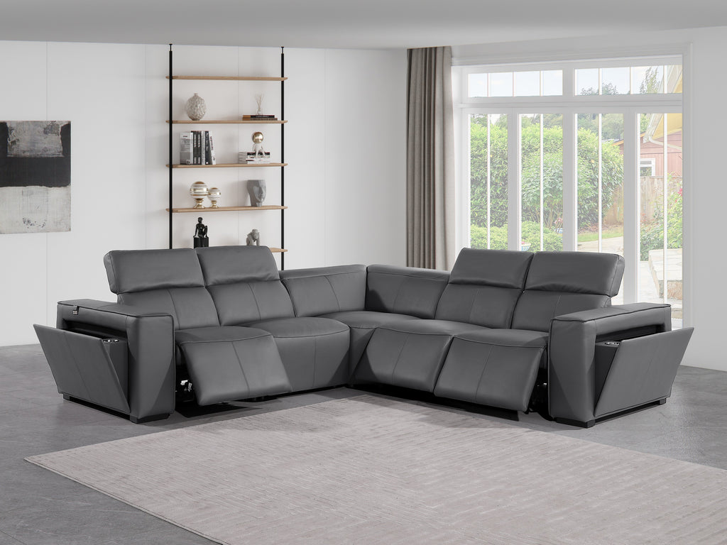 Global United 1224DG-5PC 5 pc DivanItalia dark grey italian leather power reclining sectional sofa power adjustable headrests