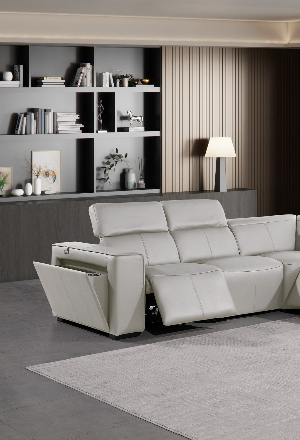 Global United DivanItalia Light Grey Italian Leather 5-Piece Power Reclining Sectional Sofa with Power Adjustable Headrests – 1224LG-5PC