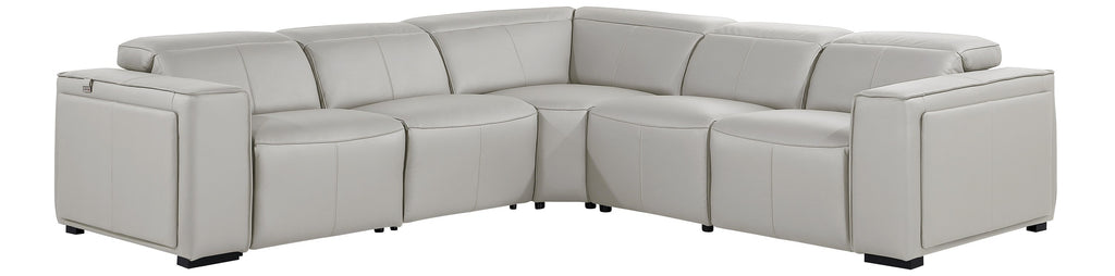 Global United DivanItalia Light Grey Italian Leather 5-Piece Power Reclining Sectional Sofa with Power Adjustable Headrests – 1224LG-5PC