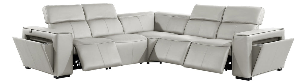 Global United DivanItalia Light Grey Italian Leather 5-Piece Power Reclining Sectional Sofa with Power Adjustable Headrests – 1224LG-5PC
