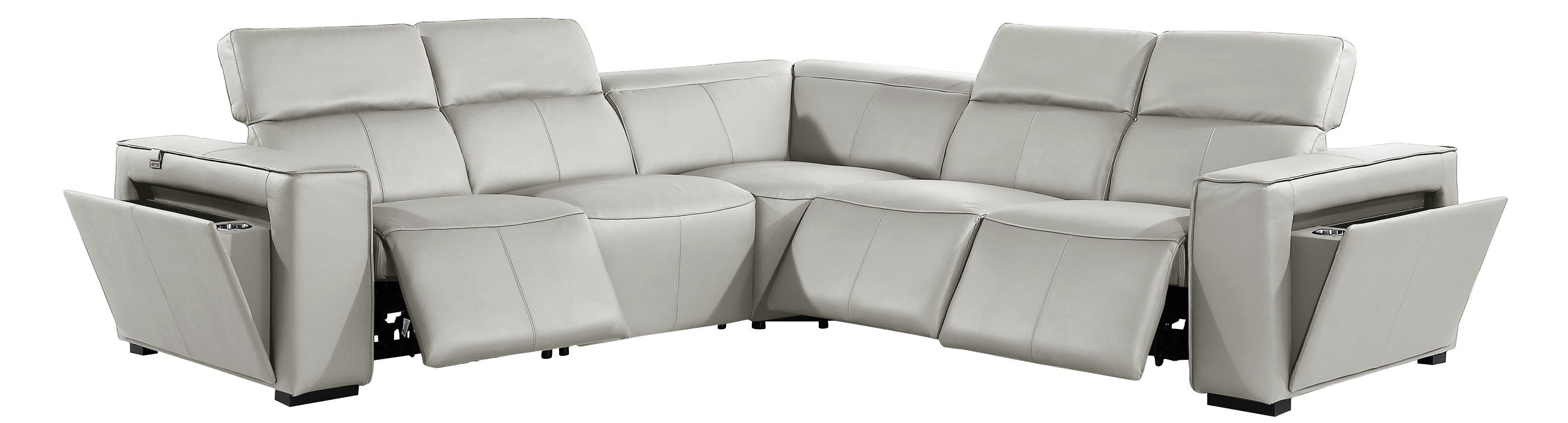 Global United DivanItalia Light Grey Italian Leather 5-Piece Power Reclining Sectional Sofa with Power Adjustable Headrests – 1224LG-5PC