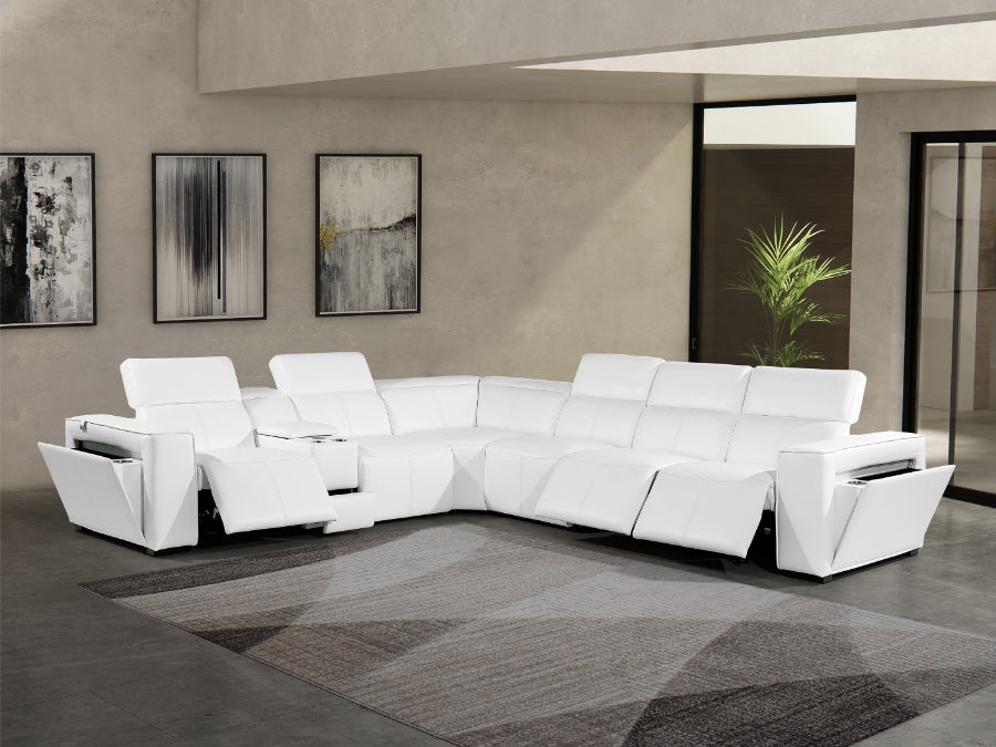 Global United 1224WH-7PC 7 pc DivanItalia white italian leather power reclining sectional sofa power adjustable headrests