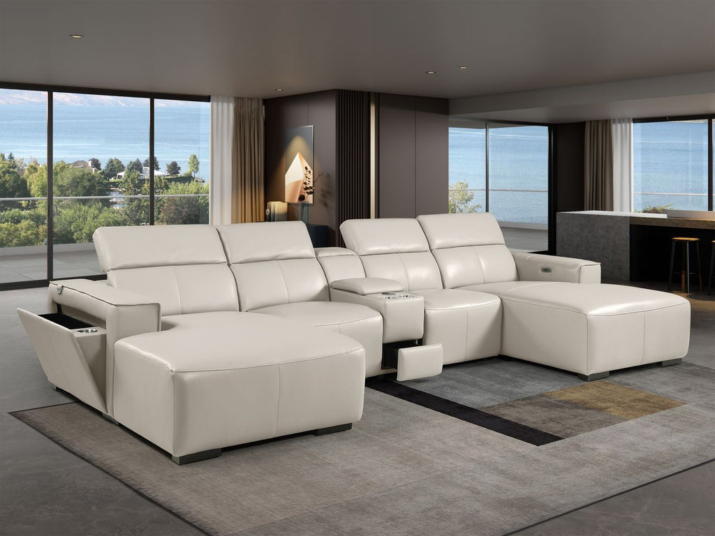 DivanItalia Beige Italian Leather 5-Piece Sectional Sofa with Double Chaise – 1224BG-5PC-2CH