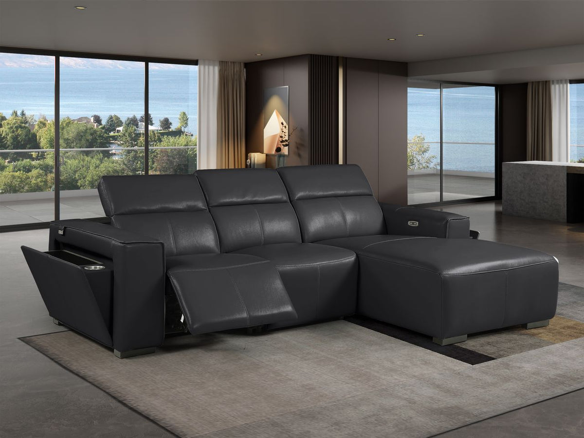 DivanItalia Black Italian Leather 3-Piece Power Reclining Sectional with Chaise – 1224BK-3PC-CH