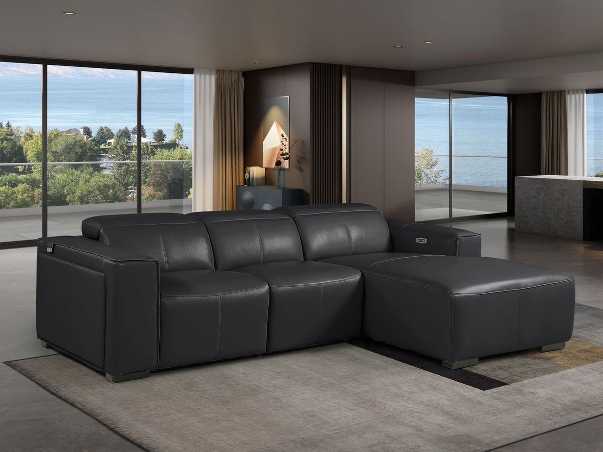 DivanItalia Black Italian Leather 3-Piece Power Reclining Sectional with Chaise – 1224BK-3PC-CH