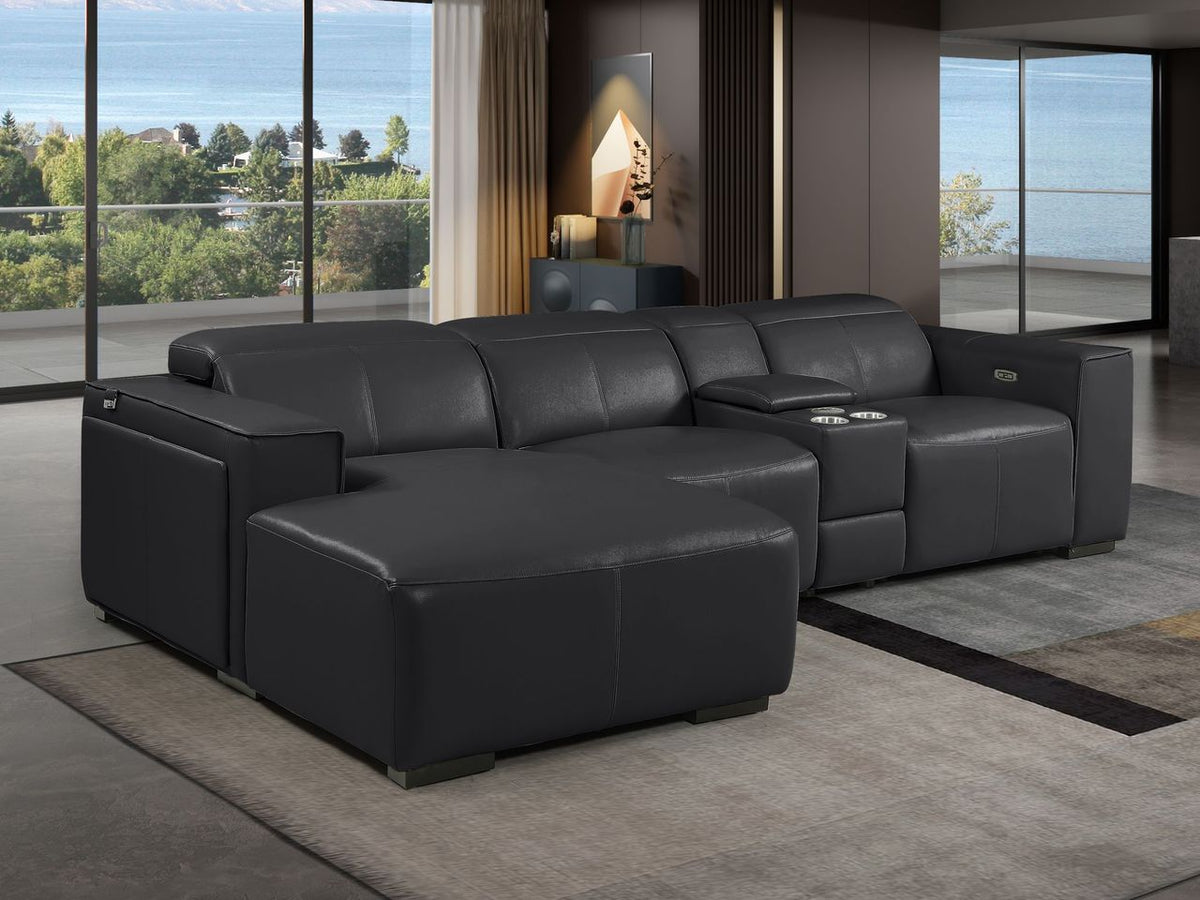 DivanItalia Black Italian Leather 4-Piece Power Reclining Sectional with Chaise – 1224BK-4PC-CH