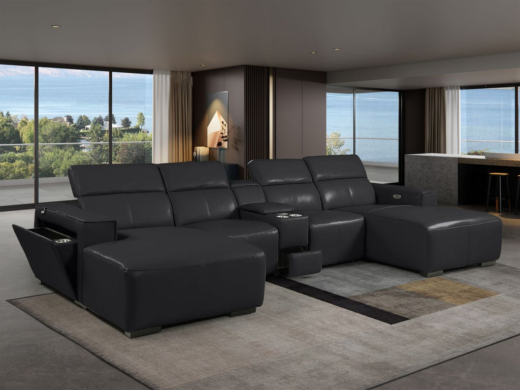 DivanItalia Black Italian Leather 5-Piece Sectional Sofa with Double Chaise – 1224BK-5PC-2CH