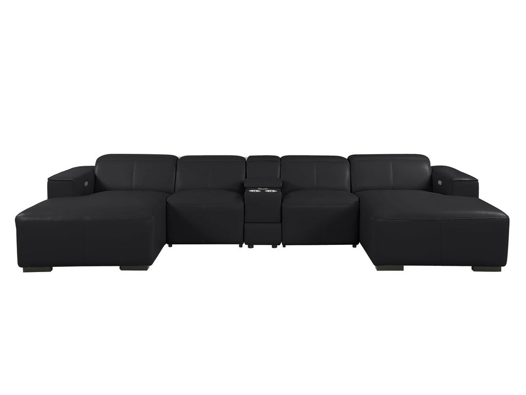 DivanItalia Black Italian Leather 5-Piece Sectional Sofa with Double Chaise – 1224BK-5PC-2CH